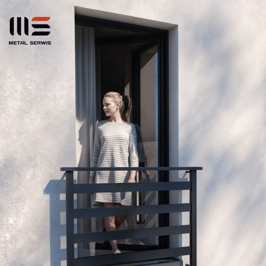 Balkon francuski balustrada zewnętrzna ALUcore-Metal-Serwis-Obrzycko Balkon francuski z balustradą zewnętrzną ALUcore, wykonany z aluminium, na tle jasnej ściany budynku - ogrodzenie Metal-Serwis Obrzycko.