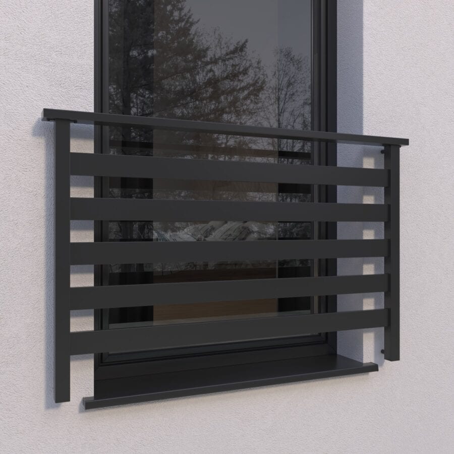 Stwórz tytuł pliku: Balkon-ALUcore-Metal-Serwis-Obrzycko Nowoczesny balkon francuski z balustradą zewnętrzną ALUcore, wykonany z aluminium, na białej ścianie budynku - ogrodzenie Metal-Serwis Obrzycko.