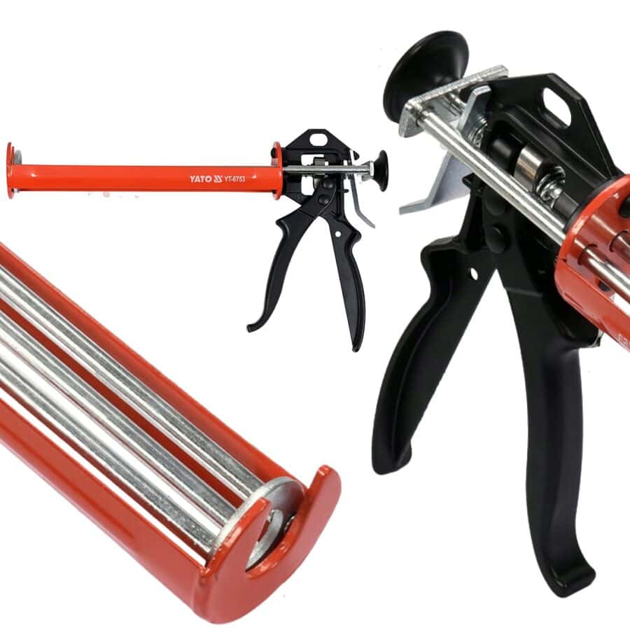 Pistolet do silikonu ręczny YATO 300 ml - narzędzie do uszczelniania i klejenia Precyzyjny pistolet do silikonu YATO 300 ml, idealny do prac wykończeniowych i montażowych - ogrodzenie Metal-Serwis Obrzycko.