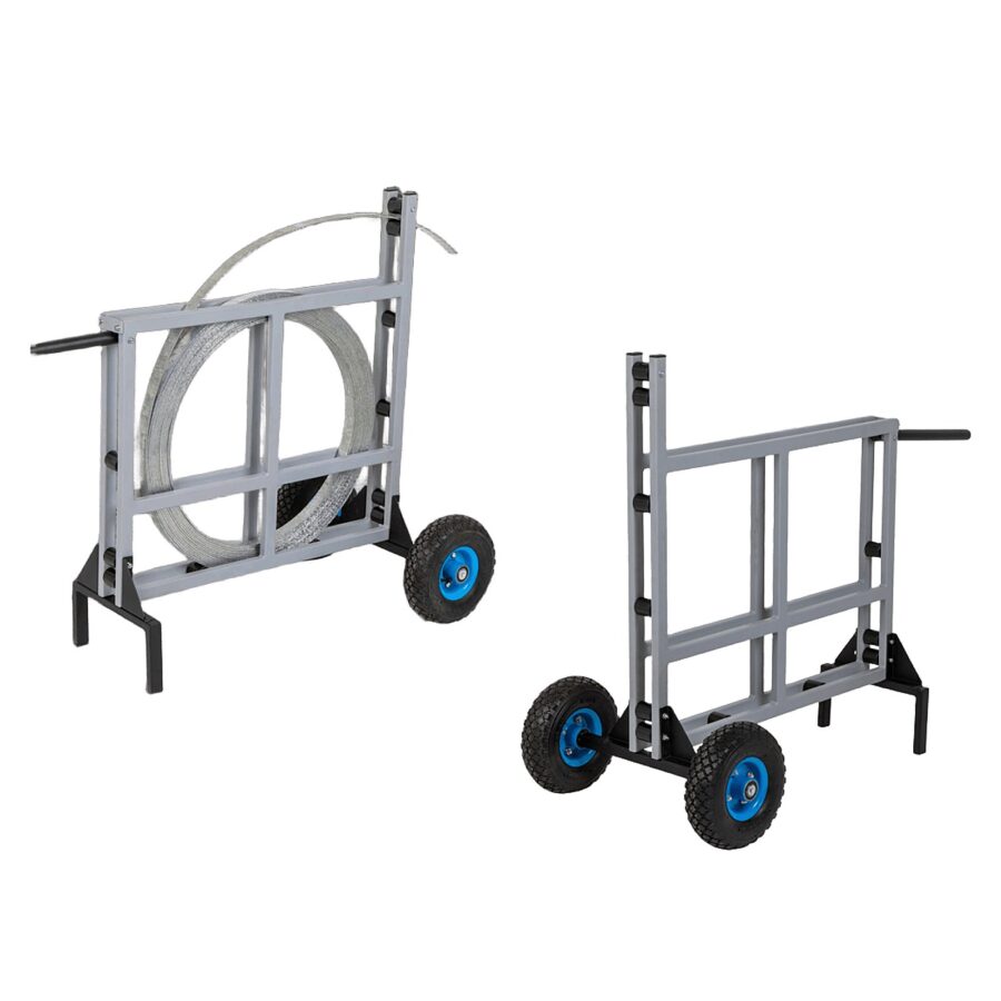 Przenośny rozwijak stalowy - Metal-Serwis-Obrzycko Przenośny rozwijak stalowy z kółkami, używany do rozkładania i zwijania siatek ogrodzeniowych, solidna konstrukcja, idealny do prac na placu budowy -.