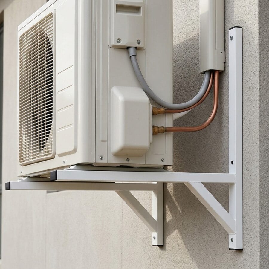 Stwórz tytuł pliku: Klimatyzator-ścienny-metal-Serwis-Obrzycko Klimatyzator ścienny z metalową obudową, zamontowany na ścianie budynku - ogrodzenie Metal-Serwis Obrzycko.