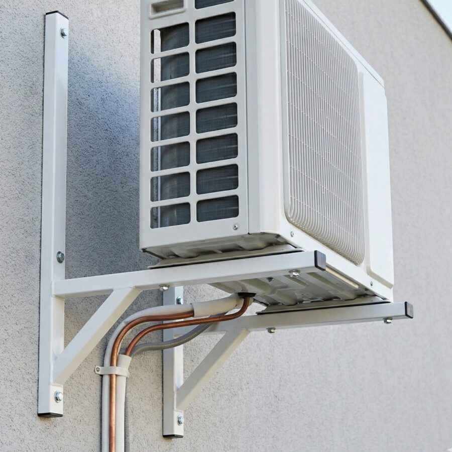 Stwórz tytuł pliku: Klimatyzator-ścienny-Metal-Serwis-Obrzycko Klimatyzator ścienny zamontowany na elewacji budynku, biały, nowoczesny system chłodzenia - ogrodzenie Metal-Serwis Obrzycko.